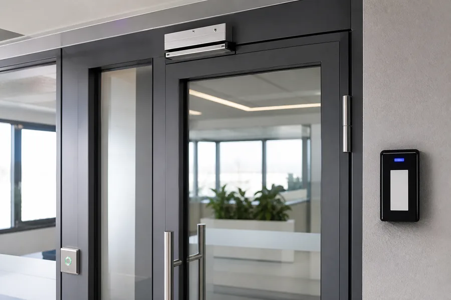 Lecteur de badge et ventouse magnétique sur une porte de bureaux