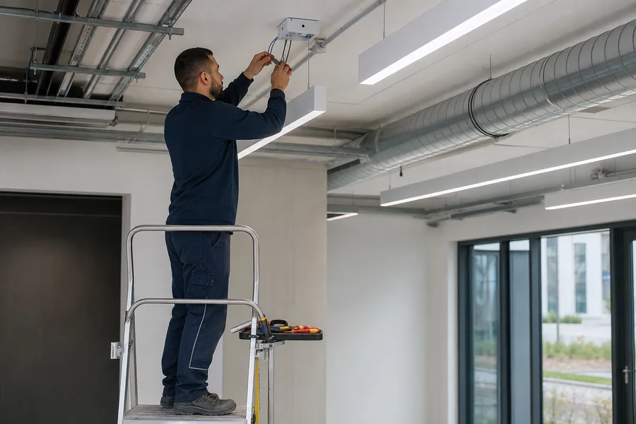 Technicien installant un éclairage dans un bâtiment professionnel