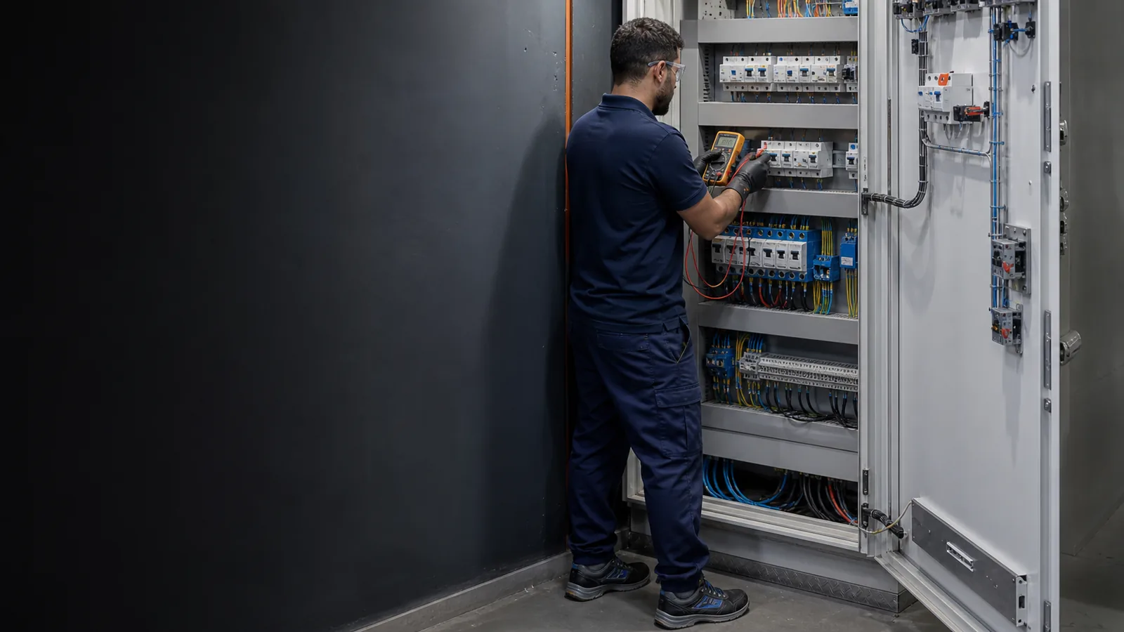 Technicien contrôlant un tableau électrique dans un bâtiment professionnel