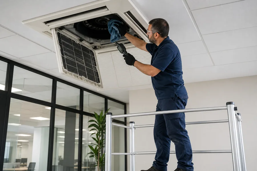 Technicien entretenant une climatisation tertiaire