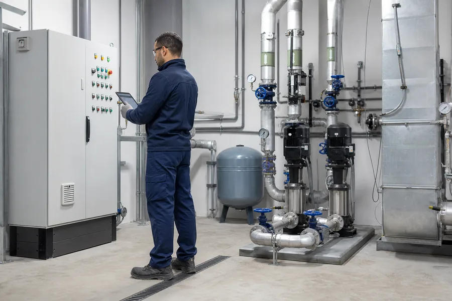 Technicien inspectant les équipements d’un local technique professionnel